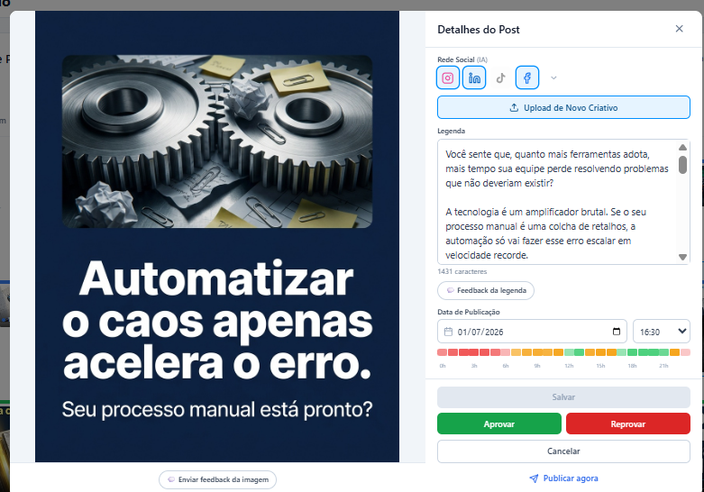 Tela de detalhes do post com criativo, legenda e aprovação